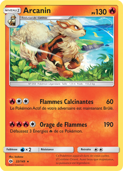 Carte Pokémon Holographique Rare Arcanin 22/149 de la série Soleil & Lune