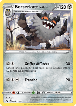 Carte Pokémon Rare Berserkatt de Galar 085/159 de la série Zénith Suprême