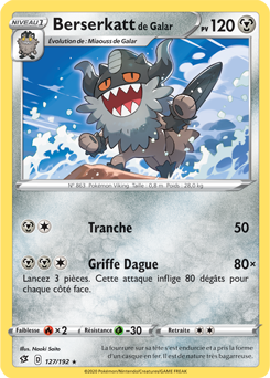 Carte Pokémon Rare Berserkatt de Galar 127/192 de la série Clash des Rebelles