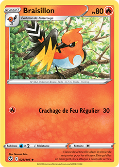 Carte Pokémon Peu commune Braisillon 028/195 de la série Tempête Argentée