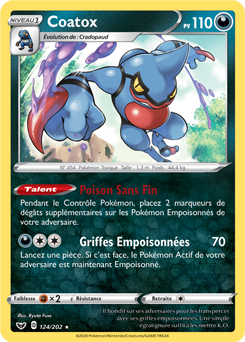 Carte Pokémon Holographique rare Coatox 124/202 de la série Épée et Bouclier