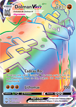 Carte Pokémon Secrète Rainbow VMAX Dolman VMAX 205/202 de la série Épée et Bouclier