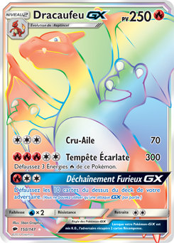 Carte Pokémon Secrète Rainbow GX Dracaufeu GX 150/147 de la série Ombres Ardentes