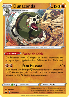 Carte Pokémon Holographique rare Dunaconda 110/202 de la série Épée et Bouclier