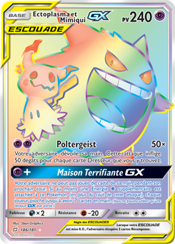Carte Pokémon Secrète Rainbow GX Ectoplasma Mimiqui GX 186/181 de la série Duo de Choc