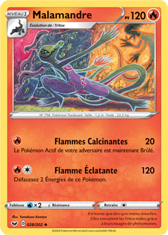 Carte Pokémon Peu commune Malamandre 28/202 de la série Épée et Bouclier
