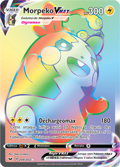 Carte Pokémon Secrète Rainbow VMAX Morpeko VMAX 204/202 de la série Épée et Bouclier