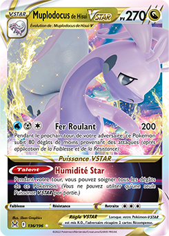 Carte Pokémon Ultra rare VSTAR Muplodocus de Hisui VSTAR 136/196 de la série Origine Perdue