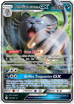 Carte Pokémon Persian d'Alola GX 129/236 de la série Éclipse Cosmique en vente au meilleur prix