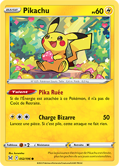 Carte Pokémon Communes Pikachu 052/196 de la série Origine Perdue