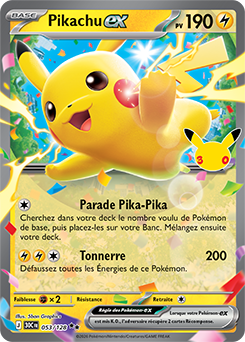 Carte Pokémon Double rare Pikachu ex 053/128 de la série 30e Anniversaire