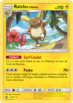 Carte Pokémon Raichu d'Alola 31/111 de la série Invasion Carmin en vente au meilleur prix