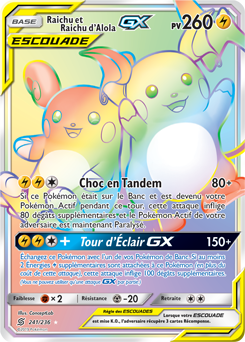 Carte Pokémon Secrète Rainbow GX Raichu Raichu d’Alola GX 241/236 de la série Harmonie des Esprits