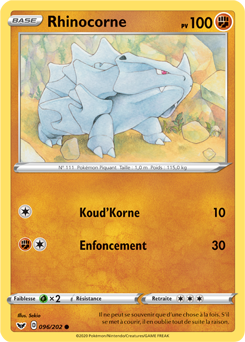 Carte Pokémon Rhinocorne 96/202 de la série Épée et Bouclier en vente au meilleur prix