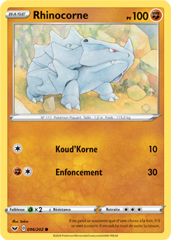 Carte Pokémon Commune Rhinocorne 96/202 de la série Épée et Bouclier