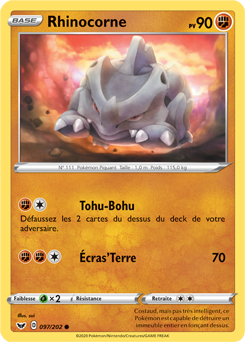 Carte Pokémon Rhinocorne 97/202 de la série Épée et Bouclier en vente au meilleur prix