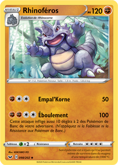 Carte Pokémon Rhinoféros 98/202 de la série Épée et Bouclier en vente au meilleur prix