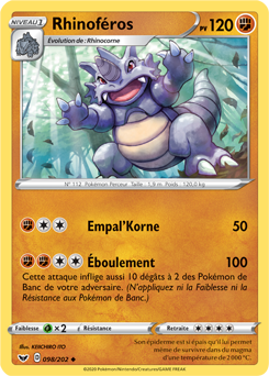 Carte Pokémon Peu commune Rhinoféros 98/202 de la série Épée et Bouclier