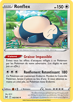 Carte Pokémon Holographique rare Ronflex 143/196 de la série Origine Perdue