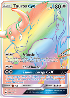 Carte Pokémon Secrète Rainbow GX Tauros GX 156/149 de la série Soleil & Lune