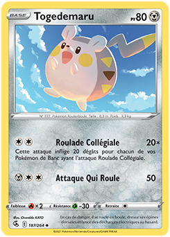 Carte Pokémon Peu commune Togedemaru 187/264 de la série Poing de Fusion