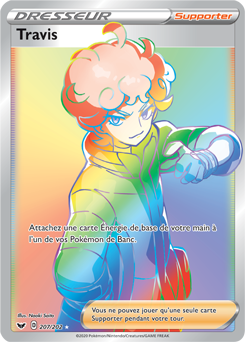 Carte Pokémon Secrète Rainbow Dresseur Travis 207/202 de la série Épée et Bouclier