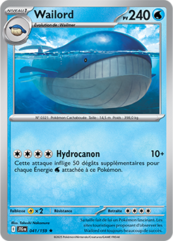 Carte Pokémon Rare Wailord 41/159 de la série Aventures Ensemble