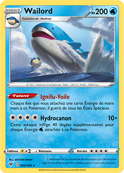 Carte Pokémon Holographique rare Wailord 032/185 de la série Voltage Éclatant