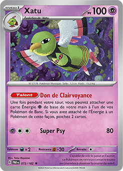 Carte Pokémon Rare Xatu 72/182 de la série Faille Paradoxe