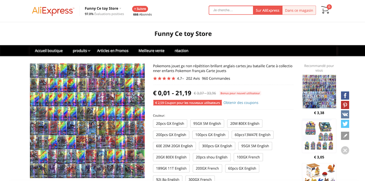 Fausses cartes Pokémon Aliexpress