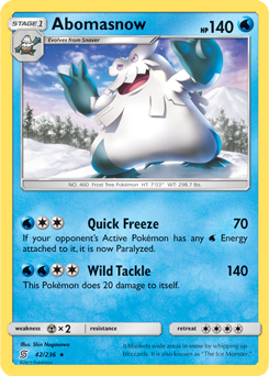Rare Pokémon card Abomasnow 42/236 from Unified Minds expansion