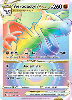 Rainbow VSTAR Pokémon card Aerodactyl VSTAR 199/196 from Lost Origin expansion