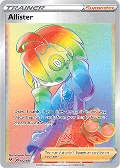 Secrète Rainbow Dresseu Pokémon card Allister 192/185 from Vivid Voltage expansion