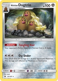 Rare holo Pokémon card Alolan Dugtrio 87/149 from Sun & Moon expansion