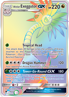 Secret Rainbow GX Pokémon card Alolan Exeggutor GX 118/111 from Crimson Invasion expansion