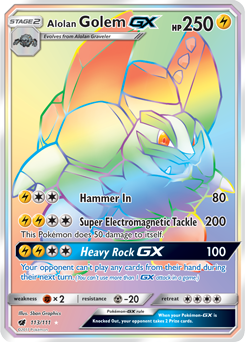 Secret Rainbow GX Pokémon card Alolan Golem GX 113/111 from Crimson Invasion expansion