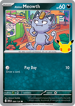 Common Pokémon card Alolan Meowth 089/128 from 30th Celebration expansion