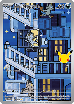 Illustration rare Pokémon card Alolan Meowth 139/128 from 30th Celebration expansion