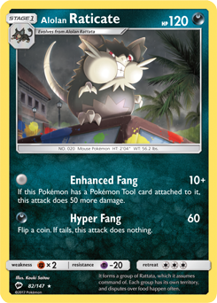 Rare Pokémon card Alolan Raticate 82/147 from Burning Shadows expansion