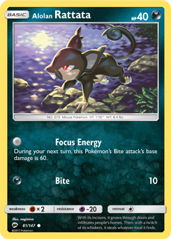 Common Pokémon card Alolan Rattata 81/147 from Burning Shadows expansion