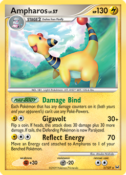 Rare holo Pokémon card Ampharos 1/127 from Platinuim expansion