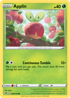 Common Pokémon card Applin 20/192 from Rebel Clash expansion