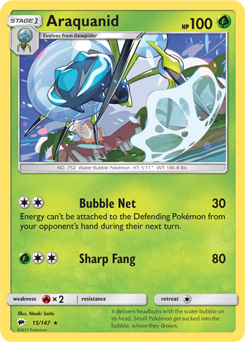 Rare Pokémon card Araquanid 15/147 from Burning Shadows expansion