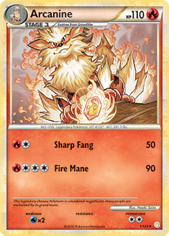 Rare holo Pokémon card Arcanine 1/123 from HeartGold SoulSilver expansion