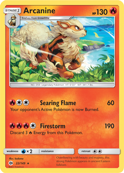 Rare holo Pokémon card Arcanine 22/149 from Sun & Moon expansion