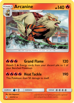 Rare holo Pokémon card Arcanine 22/214 from Unbroken Bonds expansion