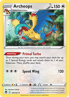 Rare Holo Pokémon card Archeops 147/195 from Silver Tempest expansion