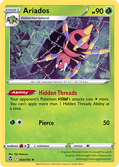 Rare Holo Pokémon card Ariados 004/195 from Silver Tempest expansion