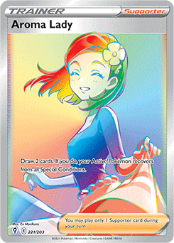 Rainbow Trainer Pokémon card Aroma Lady 221/203 from Evolving Skies expansion