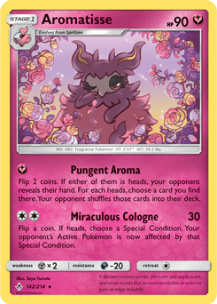 Rare Pokémon card Aromatisse 142/214 from Unbroken Bonds expansion
